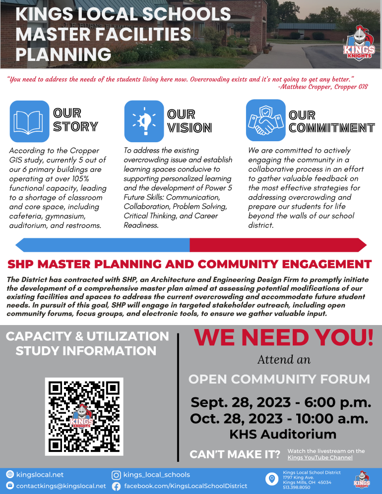Kings Master Facilities Planning Process graphic inviting community to Community Forum on September 28 at 6pm or October 28 at 10 am at Kings High School
